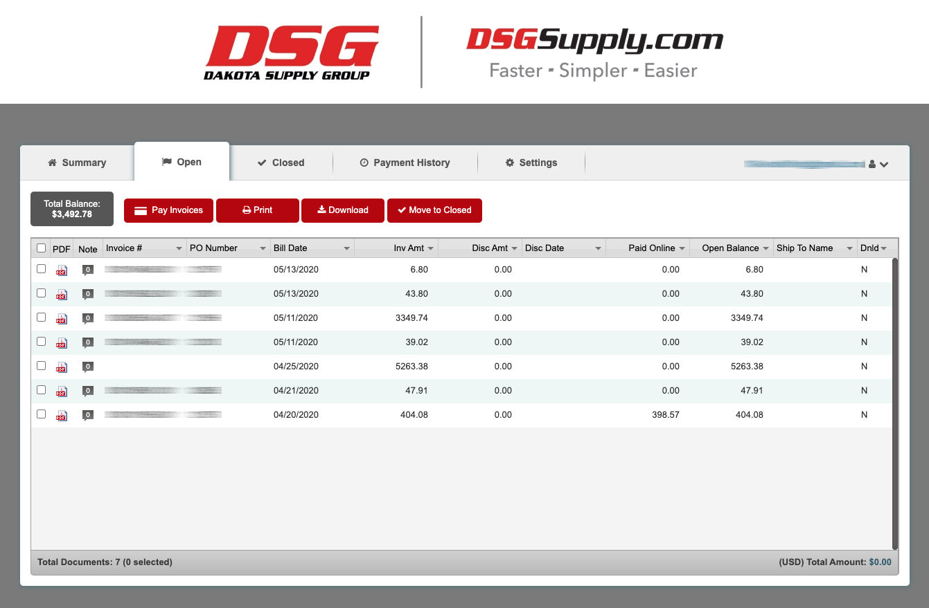 DSGSupply.com Online BillPay - Open Orders