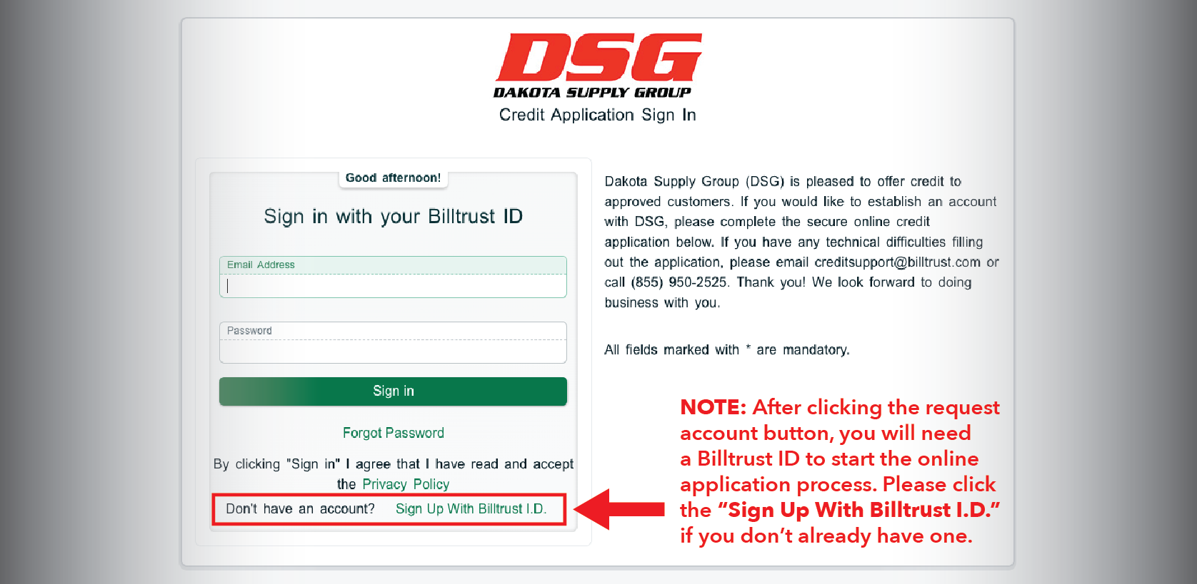 DSG Credit Application - Billtrust ID Sample 